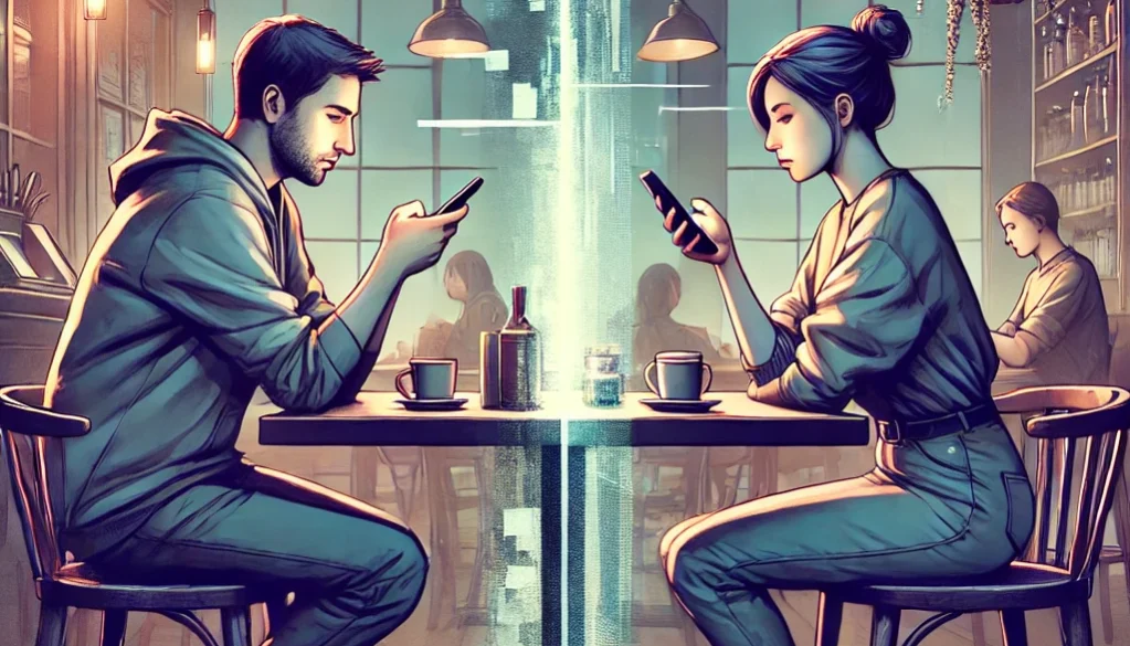 DALL·E 2025-03-23 14.44.12 – An emotional and modern digital illustration showing two people sitting next to each other at a café table, but both are absorbed in their smartphones