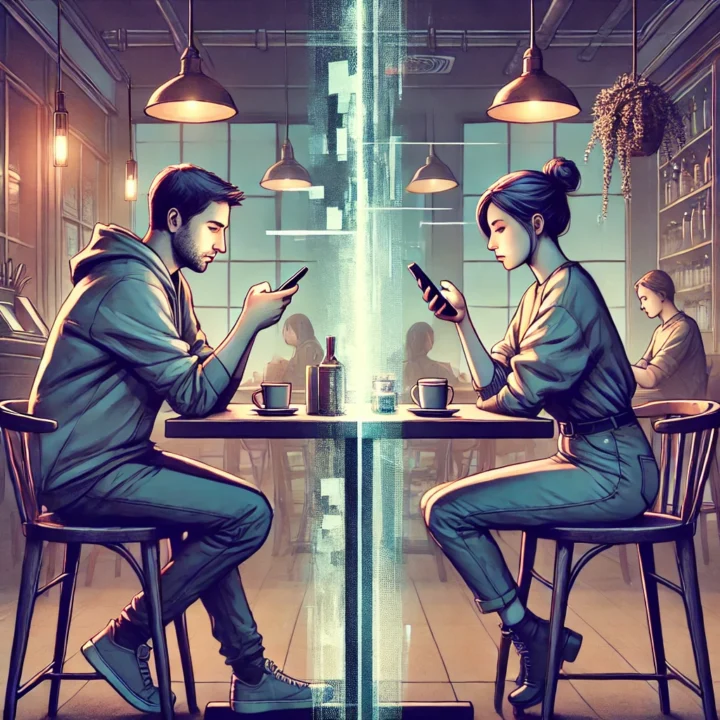 DALL·E 2025-03-23 14.44.12 – An emotional and modern digital illustration showing two people sitting next to each other at a café table, but both are absorbed in their smartphones